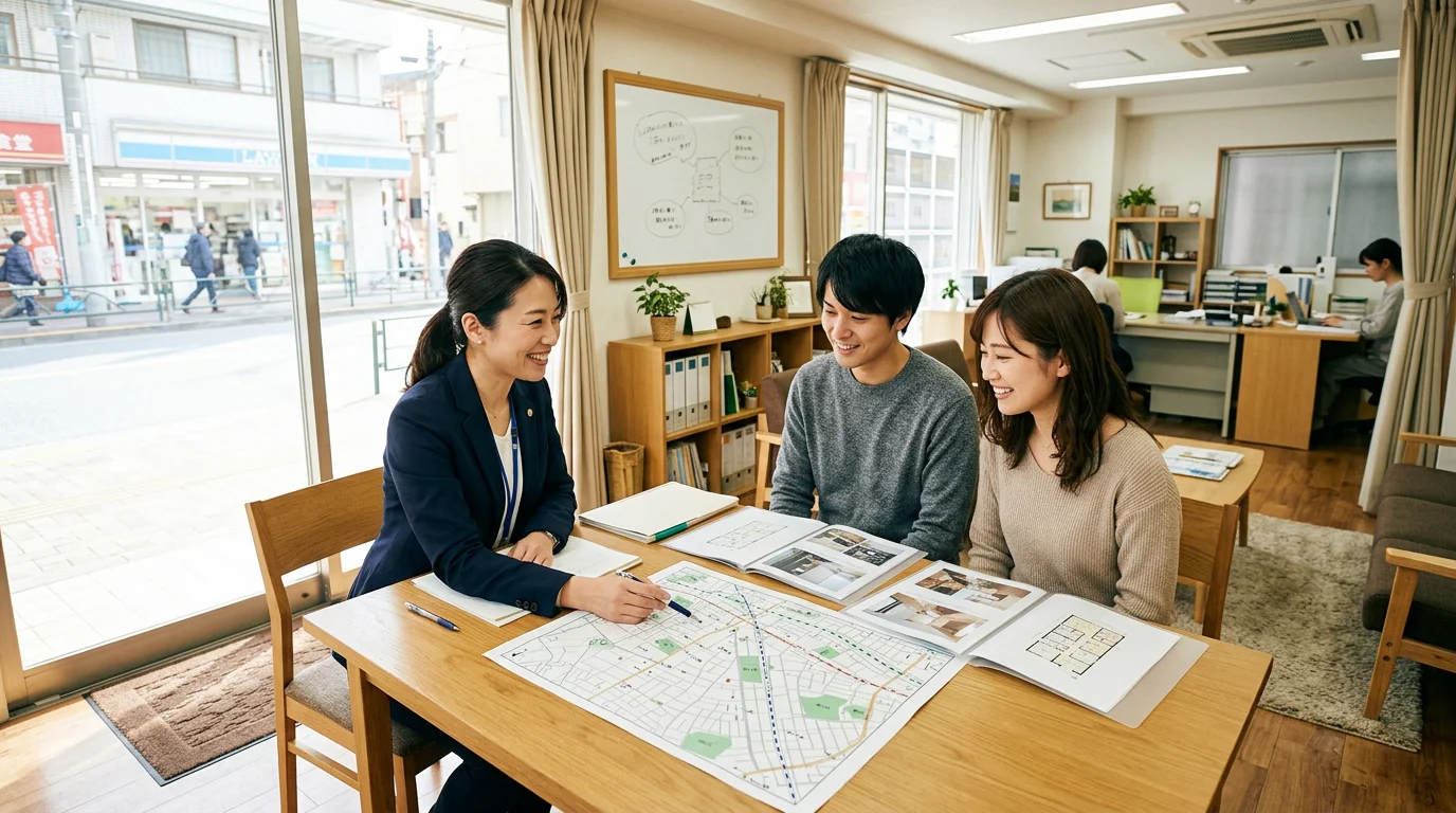 不動産の相談をしながら資料を確認する二人の手元